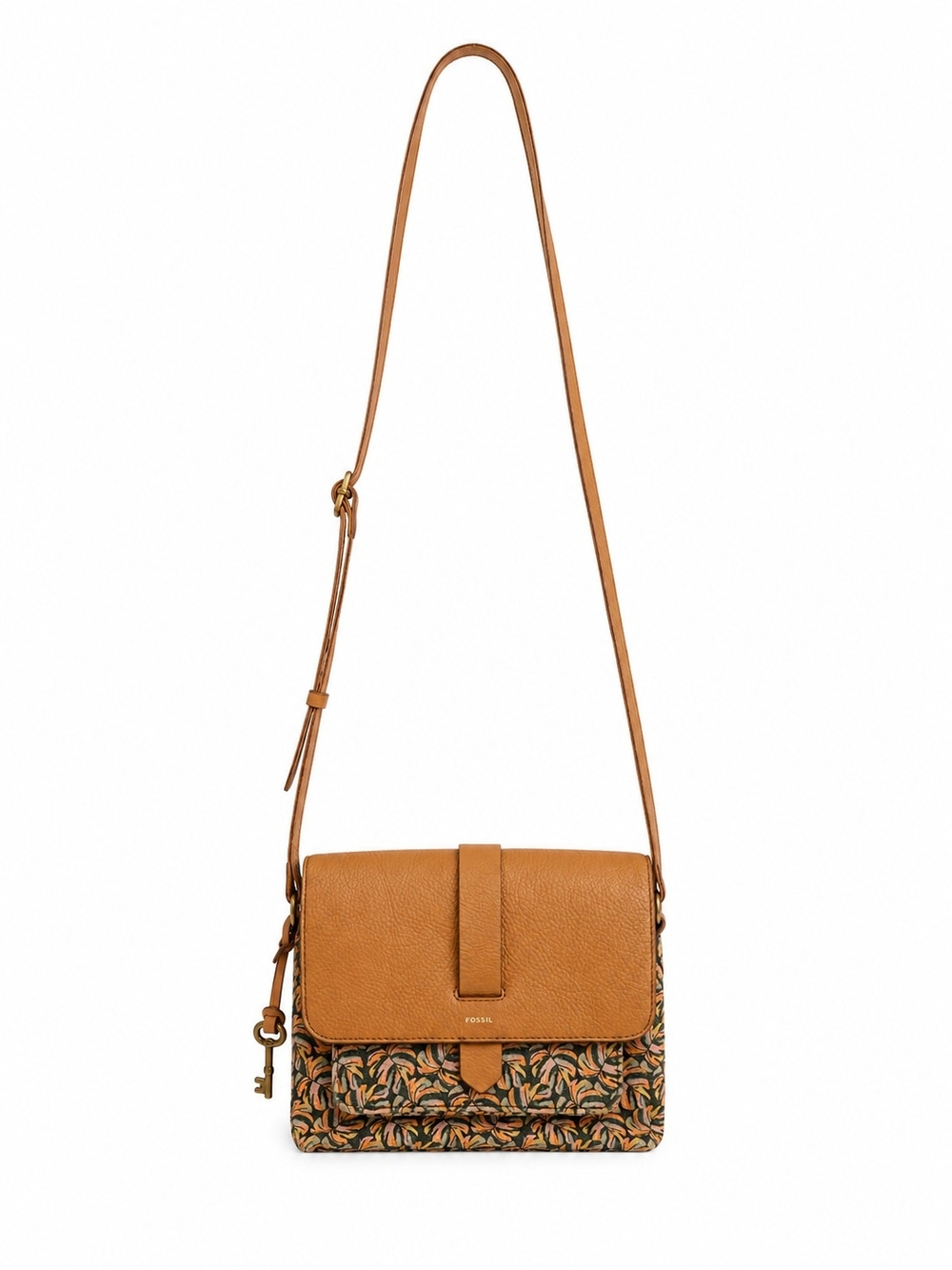 Fossil Tan Leather and Multicolor Floral Crossbody